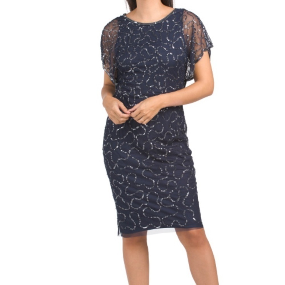 Adrianna Papell wedding, Easter fluttered sleeve navy sequined dress size 8 NWT.